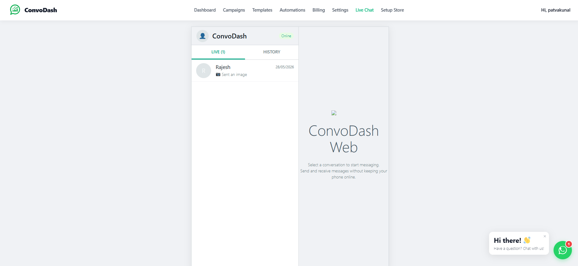 ConvoDash Web Admin Chat Interface showing live conversations